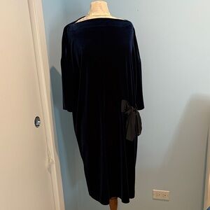 Ronan Chen Navy Stretch Velvet sheath with side tie